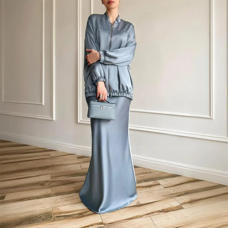 

2025 new solid color long-sleeved POLO neck zipper top casual long skirt set Z060