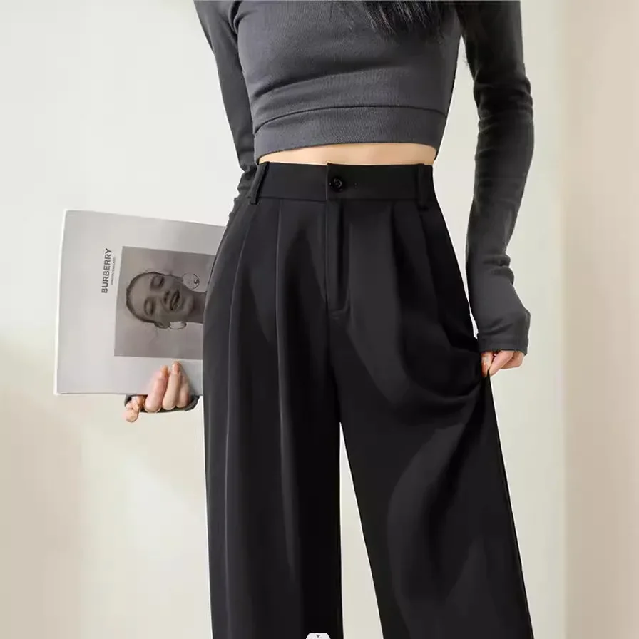 سراويل صيفية فضفاضة واسعة الساق مستقيمة القطع للنساء مقاس كبير سراويل طويلة غير رسمية باللون الأسود على شكل كمثرى #1