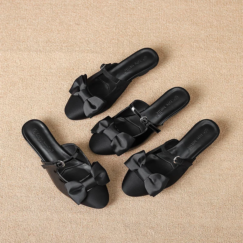 2024 Spring New Korean Fashion Bow Sweetheart Baotou Outer Wearing Slippers Flat Bottom Mueller Slippers for Women