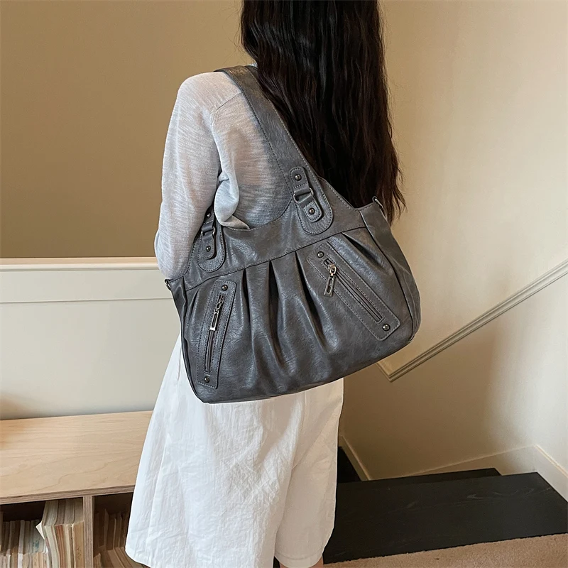 Vintage PU-Leder Tragetasche für Damen, Große Kapazität, Casual Tragetasche, Damen Schulter- und Umhängetasche für Arbeit, Reisen und den täglichen Gebrauch – Detail 9