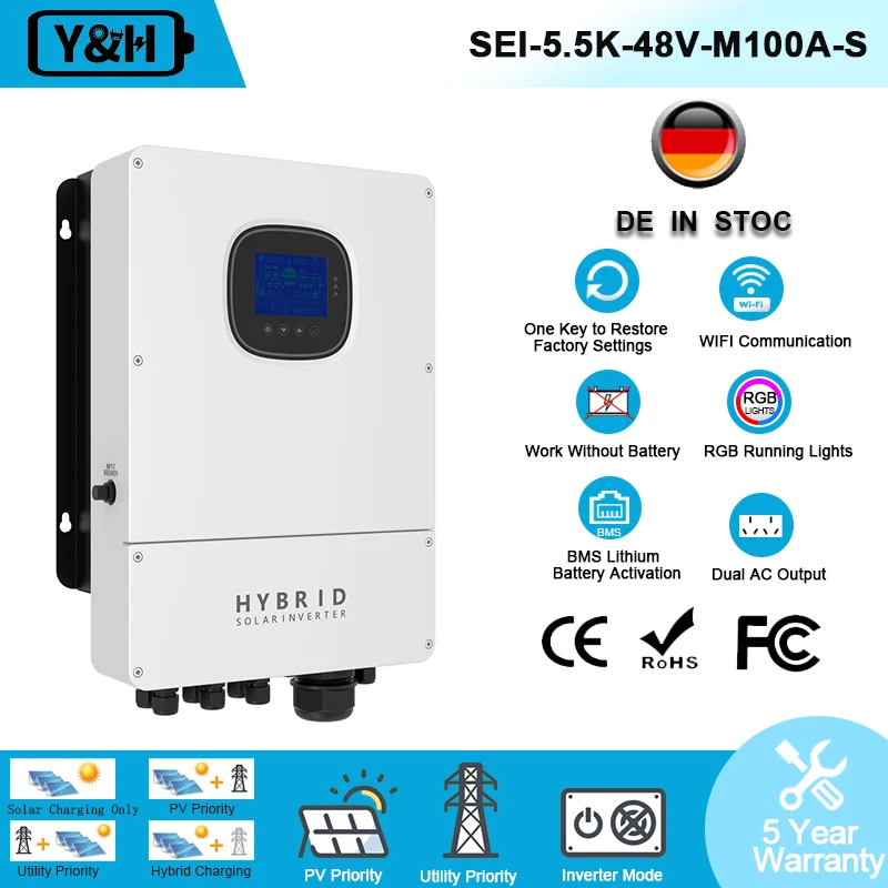 Y&H 5.5KW 48V On/Off Grid Hybrid Inverter Peak Cutting Valley Filling AC230V MPPT100A Solar Charge for Lead-acid Lithium Battery