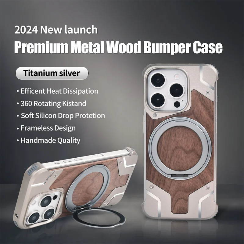 

Walnut Wood Metal Borderless Armor Phone Case For iPhone 13 14 15 16 Pro Max Plus 360 Rotating Magnetic Bracket Shockproof Cover