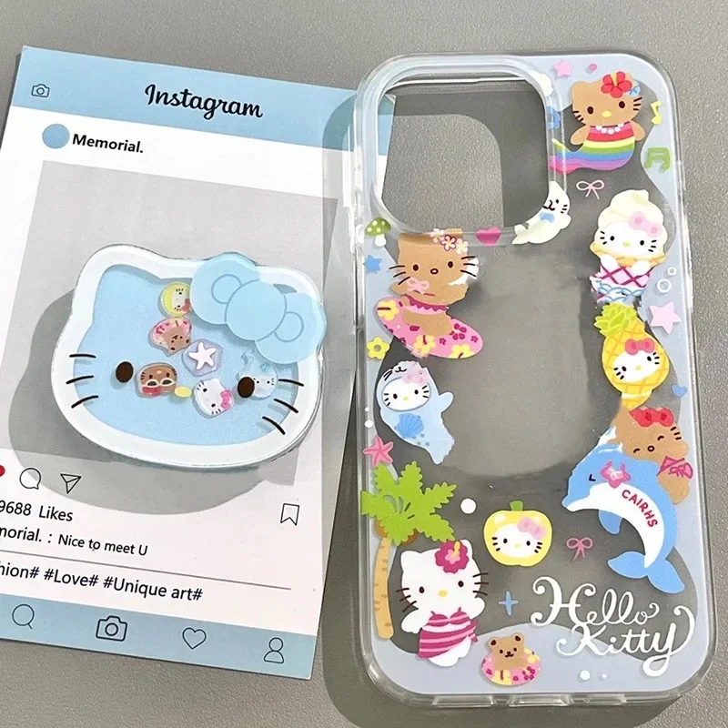 Cute Mermaid Hello Kitty Cartoon KT Stand Clear Soft  Phone Case For  iPhone X 13 12 11 14 15 16 Pro Max Lovely KT Shake Holder