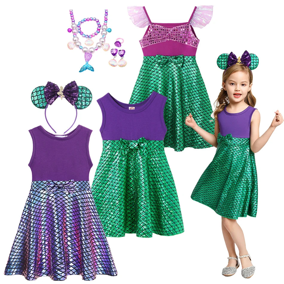 Disney-vestido de princesa Ariel para niños pequeños, disfraces de fiesta de cumpleaños para niñas, conjuntos de ropa de playa de vacaciones con lazo lindo informal de verano