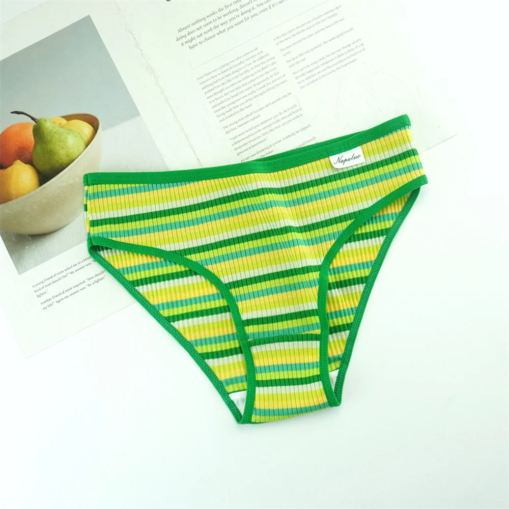 3dílné duhové pruhované dámské žebrované bavlněné kalhotky s nízkým pasem, dívčí pohodlné kalhotky, dvouvrstvé bavlněné rozkrokové bikiny - náhled 2