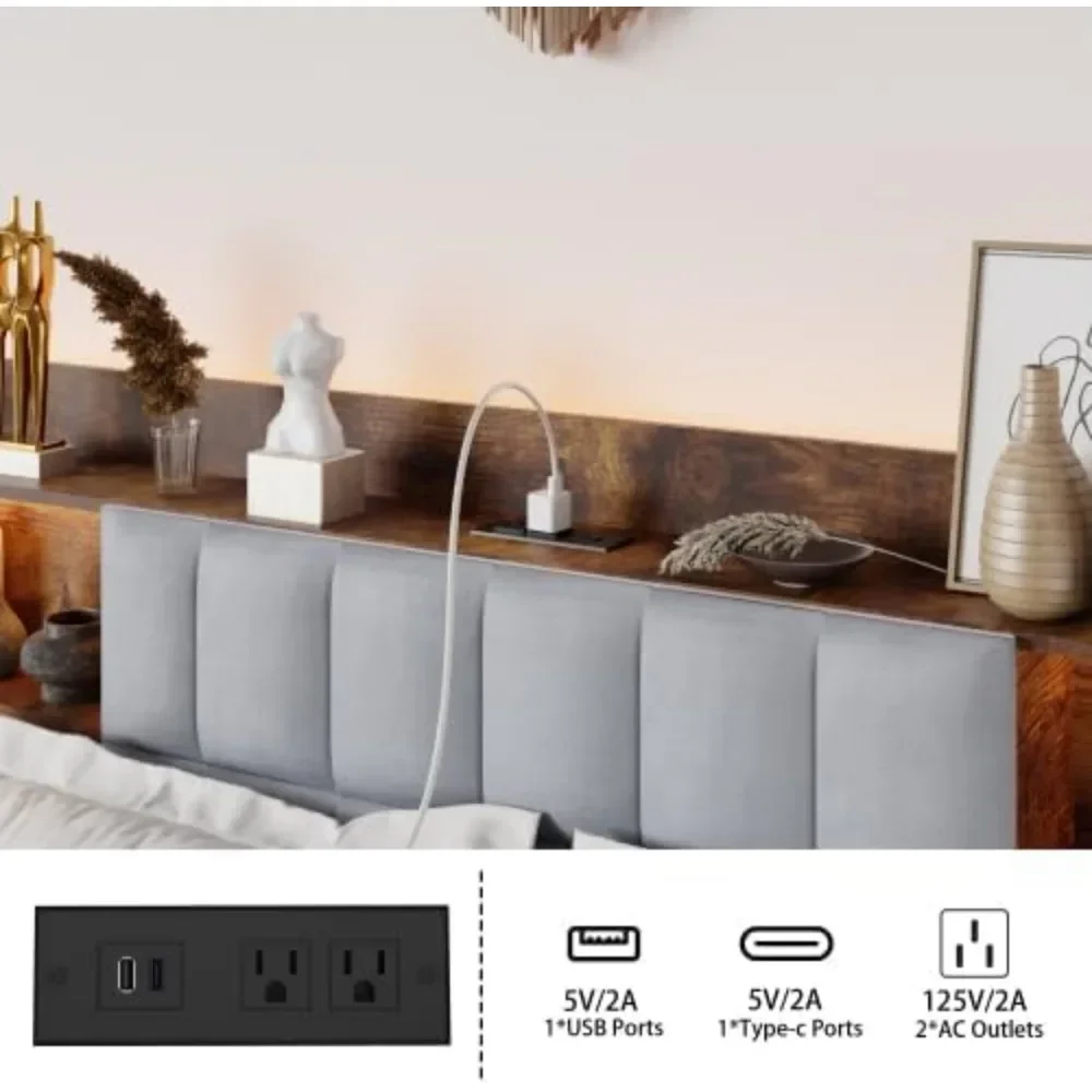 Bettgestell Queen-Size-Bett mit LED-Leuchten, Kopfteil aus Samt und 2 USB-Ladestationen, 2 Schubladen, intelligente Bettgestelle aus Metall