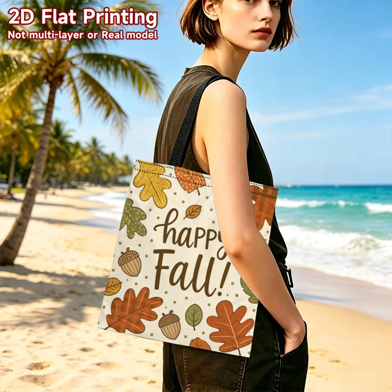 Happy Fall Acorn Maple Leaf Canvas Tote Bag, Autumn Harvest Print Reusable Shoulder Bag, Thanksgiving Casual Shopping Handbag