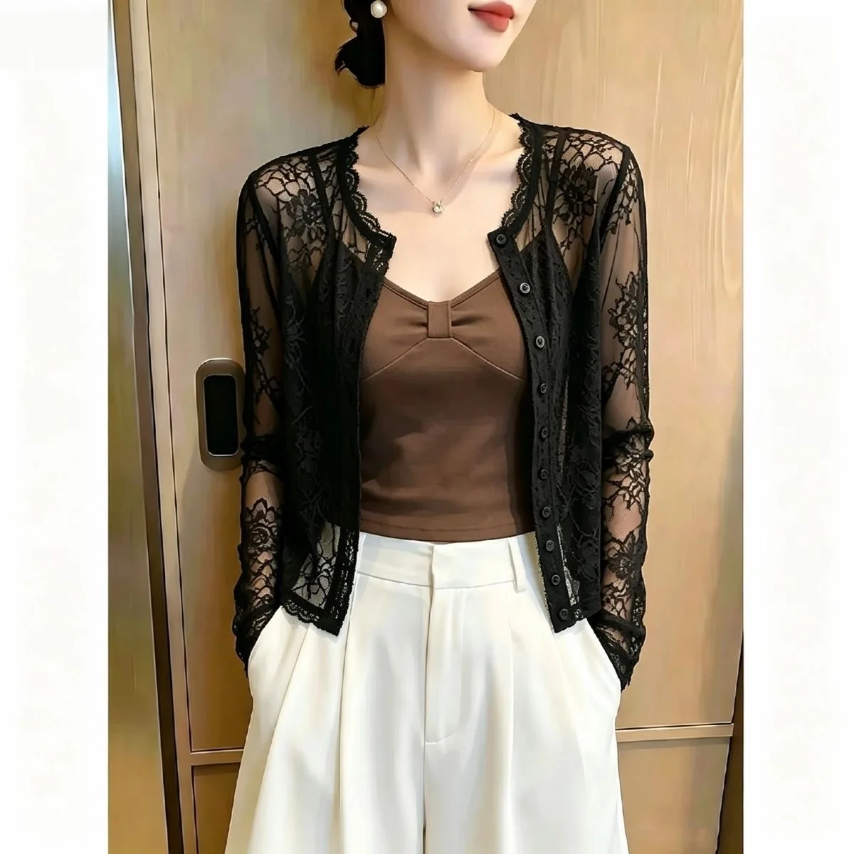 Summer New Style Black Lace Open Cardigan Women's Long Sleeve Lightweight Mesh Transparent Large Size Top Breathable Polyester