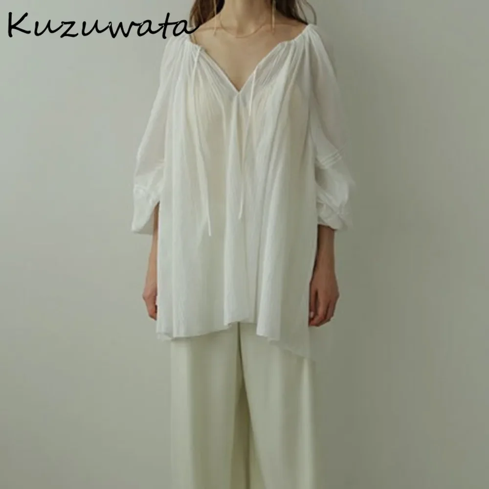 Kuzuwata New O Neck Lantern Sleeve Lazy Shirt Patchwork Lace Up Loose Pullover Blouses Japan Moda Slim Fit Simple Casual Blusas