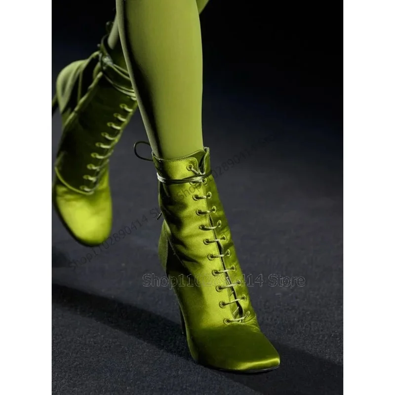 

Green Silk Square Toe Mid Calf Cross Tied Boots Side Zipper Women Shoes Thin High Heels Fashion Runway 2025 Zapatos Para Mujere