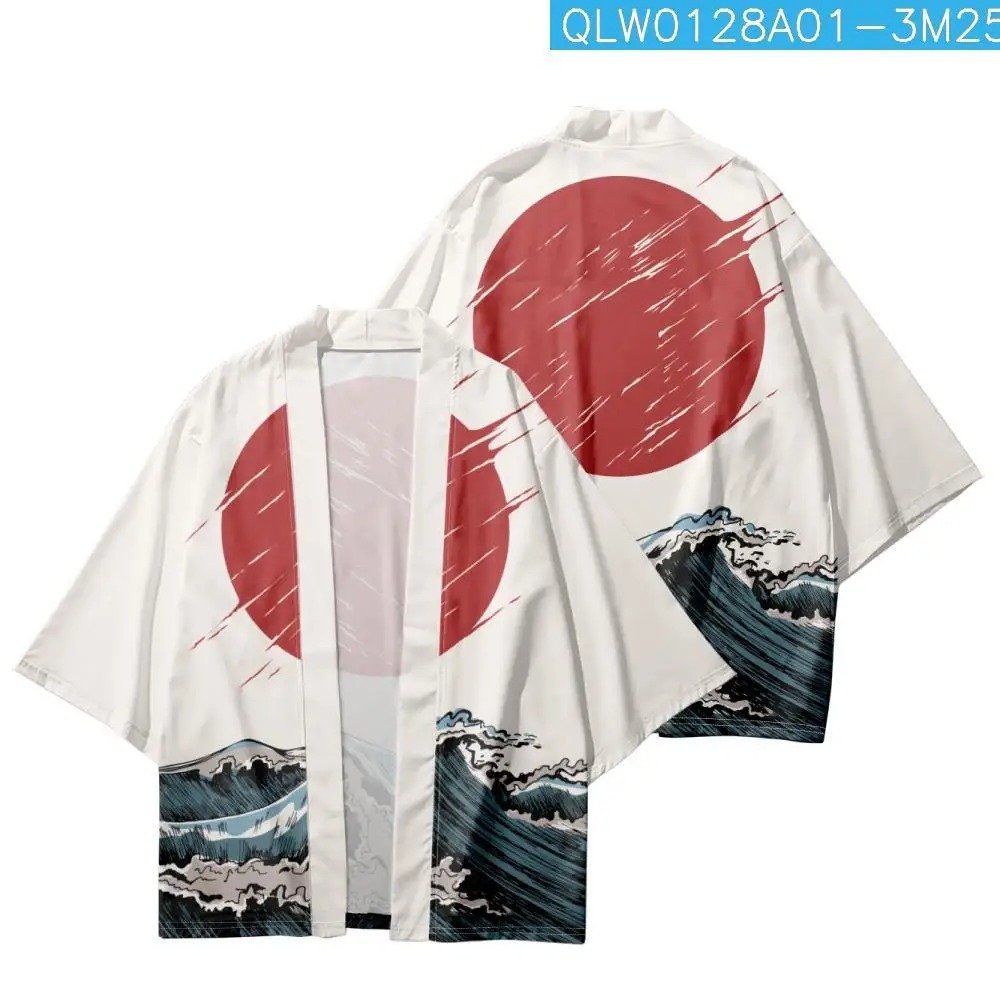 

Summer Couple Women Men Haori Yukata Casual Loose Cardigan Cartoon Sun Wave Printed Kimono Beach Shorts Streetwear