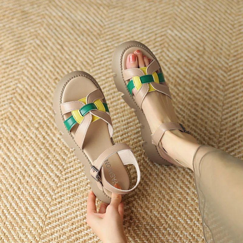 

Roman Sandals Women's Summer New Fashion Muffin Bottom Open Toe Beach Shoes Color Block Platform Sweat Sandals