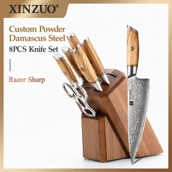 XINZUO 8PCS Knife Holder Set with Sharpener Kitchen Scissors Power Damascus Steel Meat Cleaver Olive Wooden Handle Chef Knife