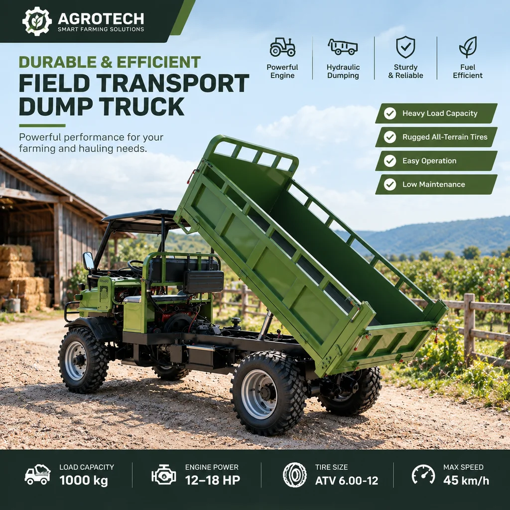 Utility Dump Truck with Raised Rear Bed and Protective Front Guard for Farm Tasks