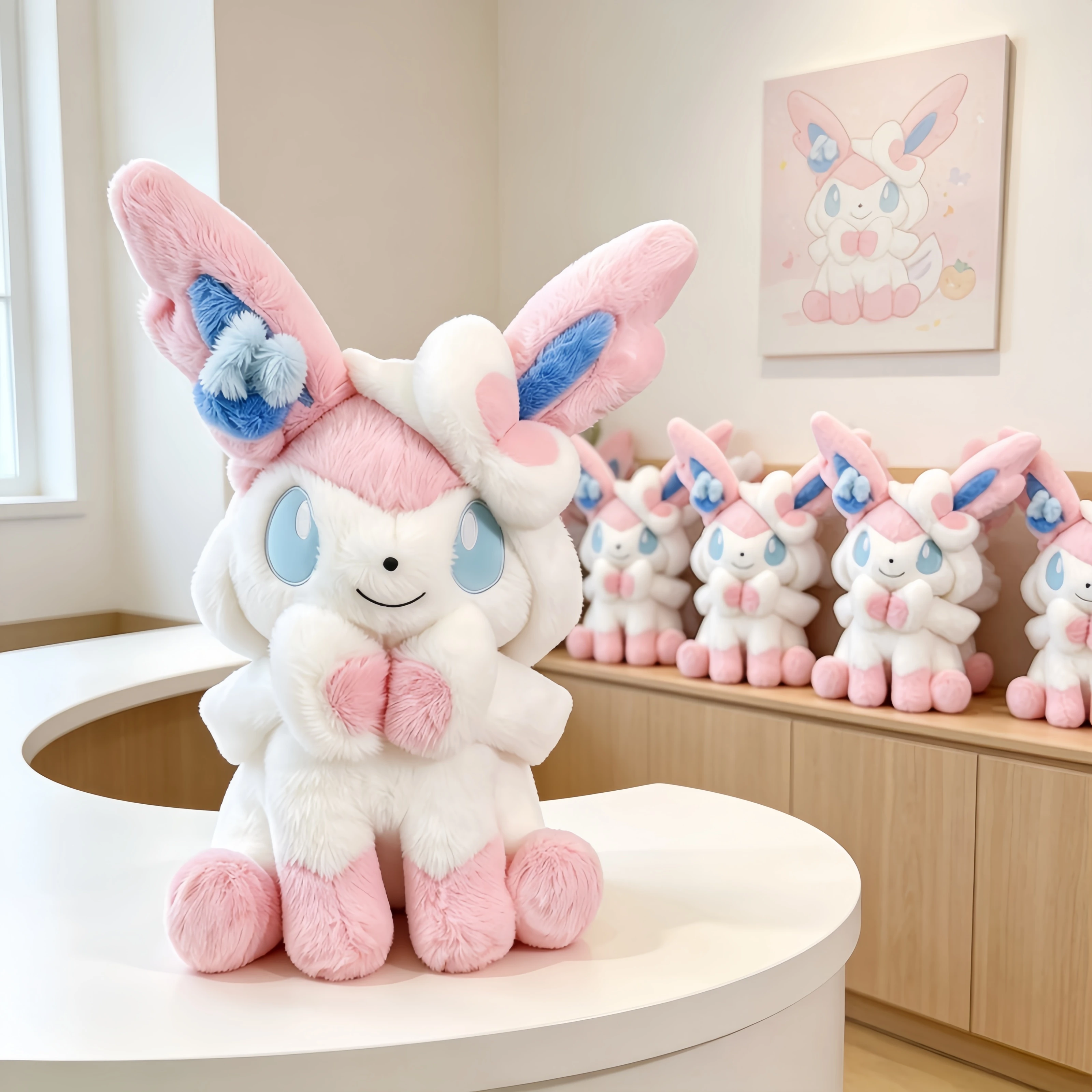 Pokemon Sitting Sylveon Plush Doll Huggable Soft Fluffy Throw Pillow Espurr Stuffed Toy, Safe Home Decor Gift for Kids