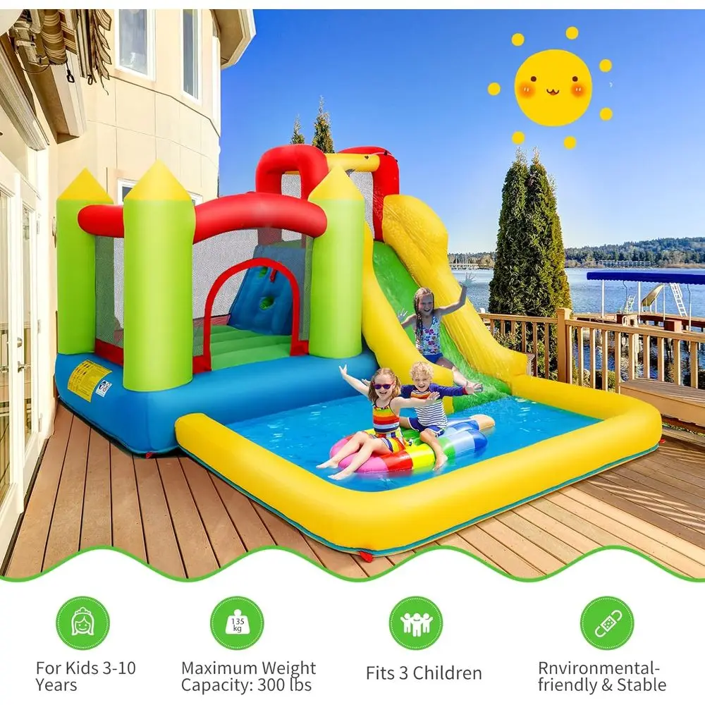 Iatable Water Slide, 5 in 1 Giant Water Bounce House Water Park w/Climbing Wall & Slides, Splash Pool, Outdoor Blow up