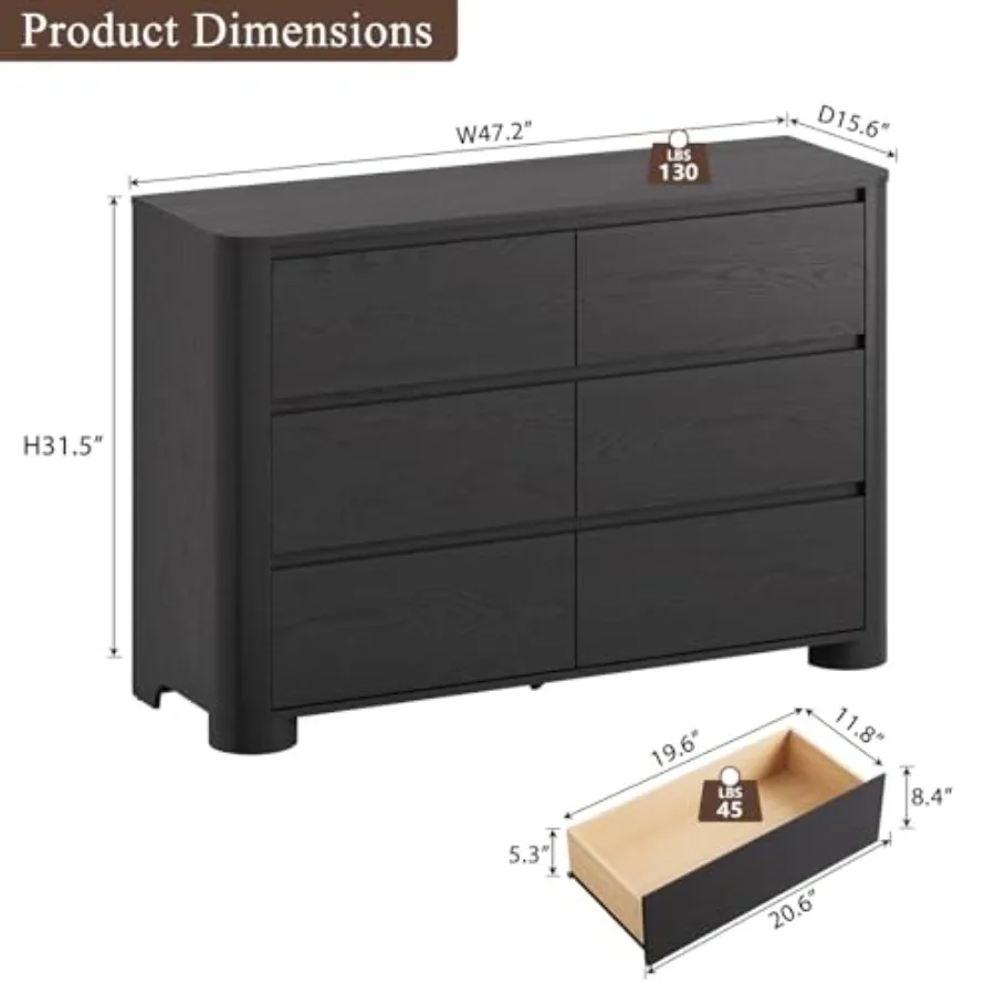 6 Drawer Dresser for Bedroom, 47 Wide Chest of Drawers MDF Wood, White, Smooth Gliding Drawers with Knobs