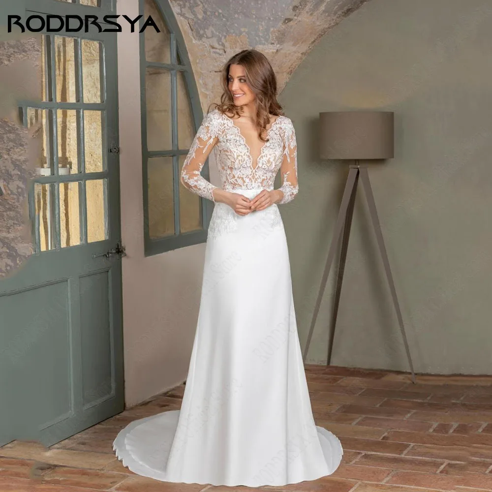 RODDRSYA Klassisches Brautkleid 2024 Braut Langarm A-Linie Chiffon Brautkleid RückenRoddrsya klassisches hochzeits kleid 2024 braut langarm a-line chiffon braut kleid rücken frei appliques uknia ślubna z długim rękawem