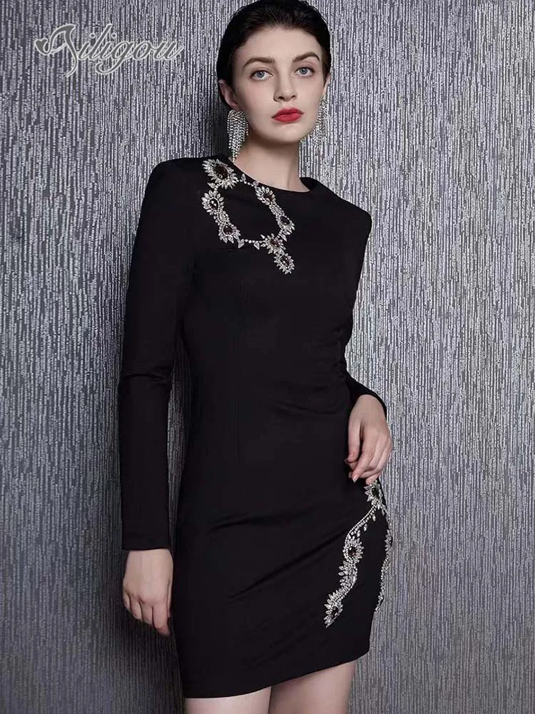 

Ailigou 2024 New Summer Women's Black Sexy Long sleeved Luxury Diamond Tight Bandage Mini Dress Elegant Celebrity Party Dress
