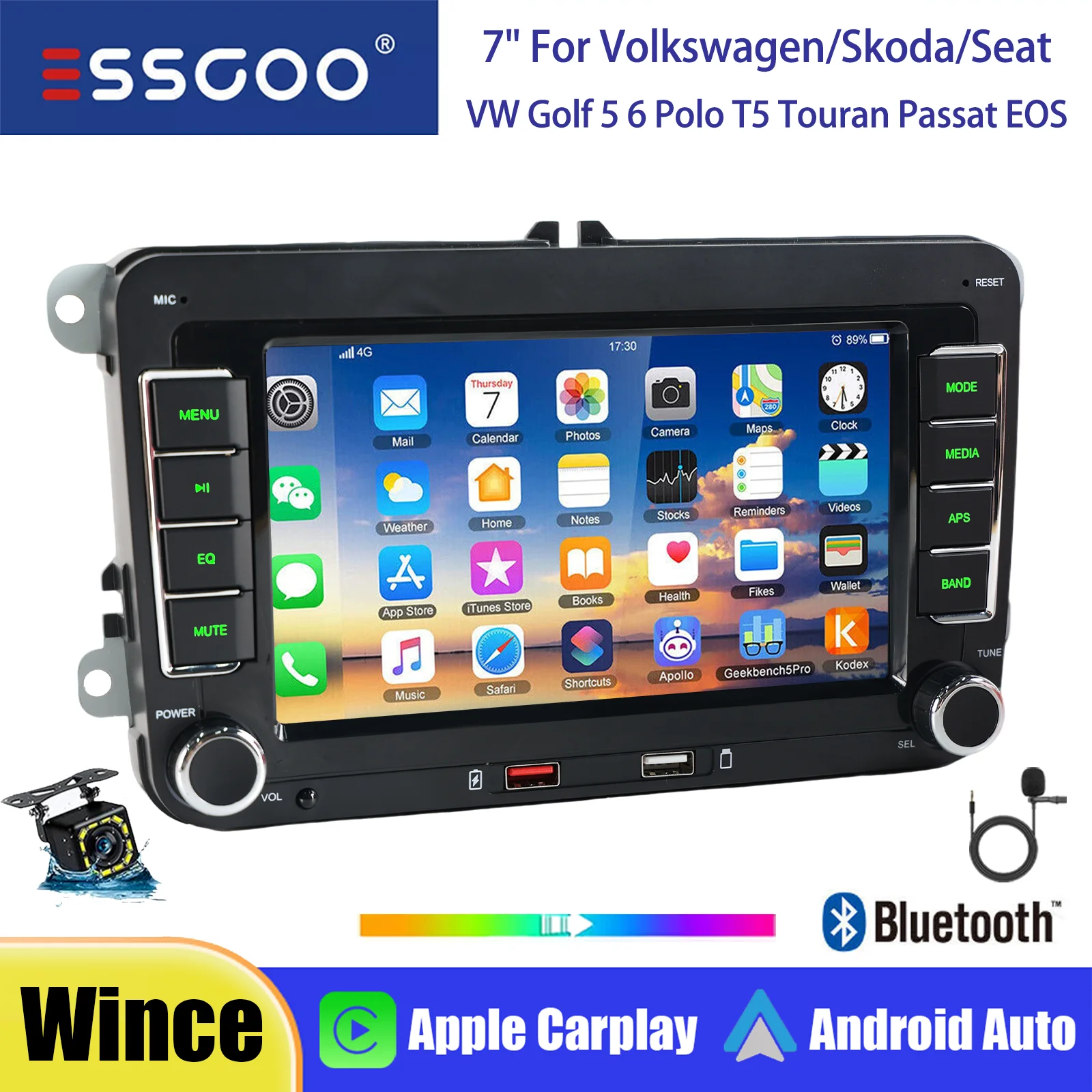 ESSGOO 7 inch Wince autoradio draadloze Carplay Android Auto voor VW Golf 5 6 Polo T5 Touran Passat Seat Skoda BT USB AM Mirror Link