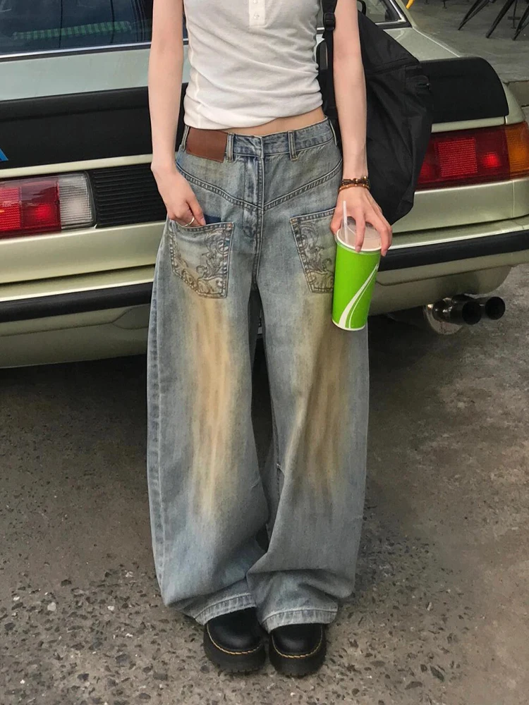 American High Street Design Women's Summer New Style Spicy Girl Distressed Floor-Length Jeans Embroidered Reversed Pocket