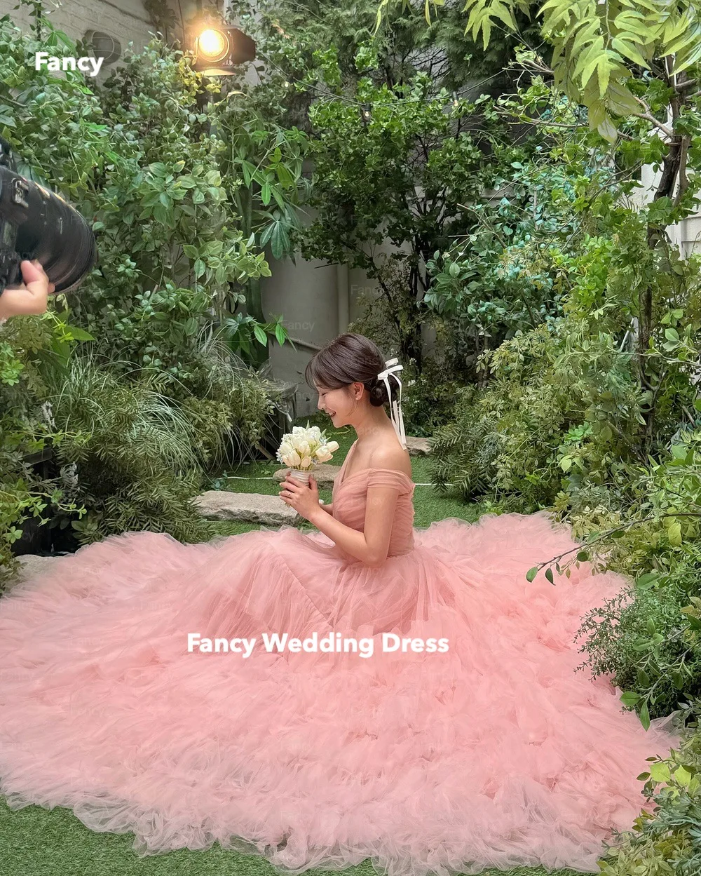 Fancy Sweet Pink Tiered Ruffles Wedding Dress Korea Photo Shoot A Line Soft Tulle Bridal Gown 웨딩드레스 Back Corset customized