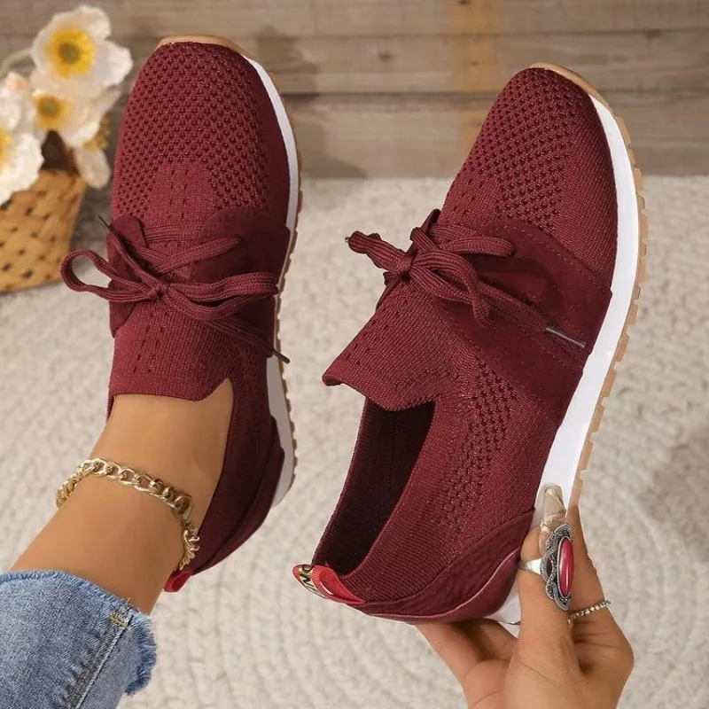 Damen-Sportschuhe aus Mesh, atmungsaktiv, einfarbig, Spitze, elegant, lässig, modisch, mit dicken Sohlen, bequem, leicht, flache Schuhe