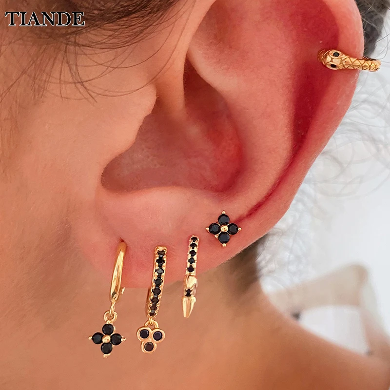 TIANDE Black Zircon Hoop Drop Earrings for Women Gold Plated Piercing Women\'s Dangle Earrings Set 2022 Fashion Jewelry Wholesale