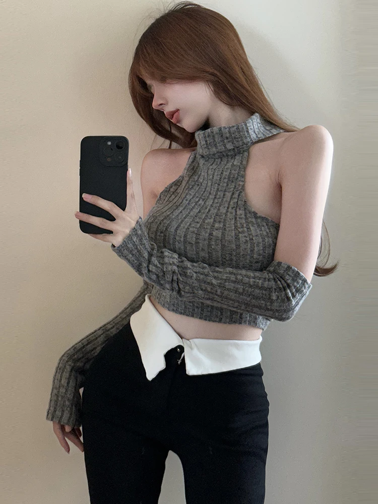 Foamlina Trendy Maglia Crop Top Donna Y2K Vestiti 2025 Nuovo Solido Halter Neck Senza Maniche Sottile Senza Spalline Fori Aderente Canotta