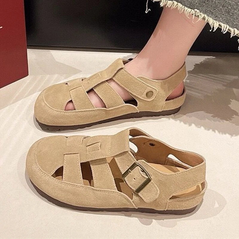 

AI2026 New Flat Women's Sandals Genuine Leather Pig Cage Shoes Women Plus Size Closed-Toe Summer Women's Shoes