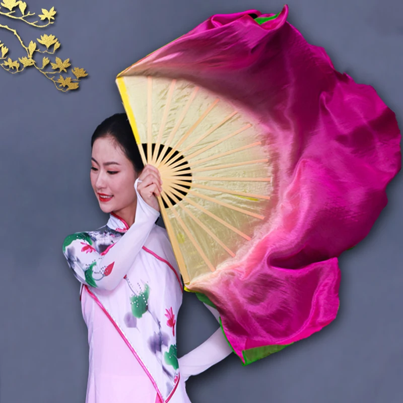 1pc Imitation Silk Dance Fan Double-sided Dual Color Gradient Stage Performance Prop Hand Fan Square Dancing Yangko Fans