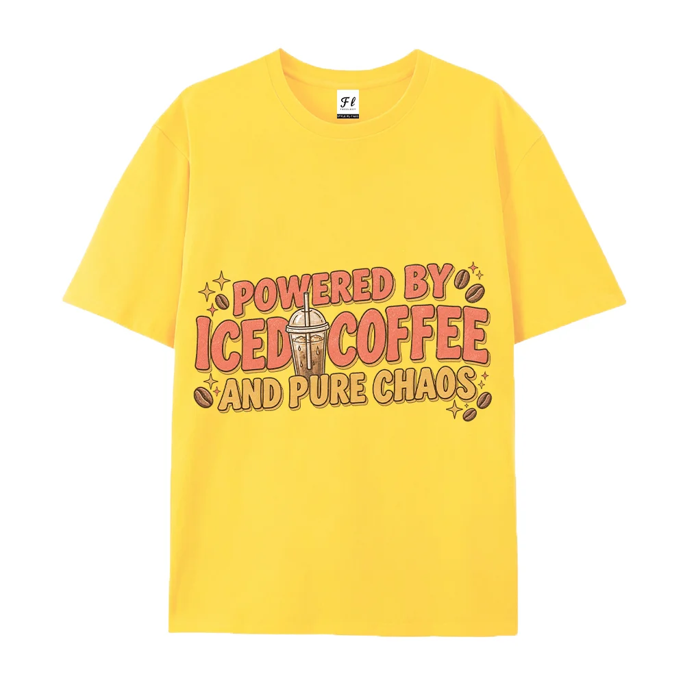 Women T Shirt Powered By Iced Coffee And Pure Chaos Graphic Retro Pink Funny Work Office Short Sleeve Loose Cotton Tops