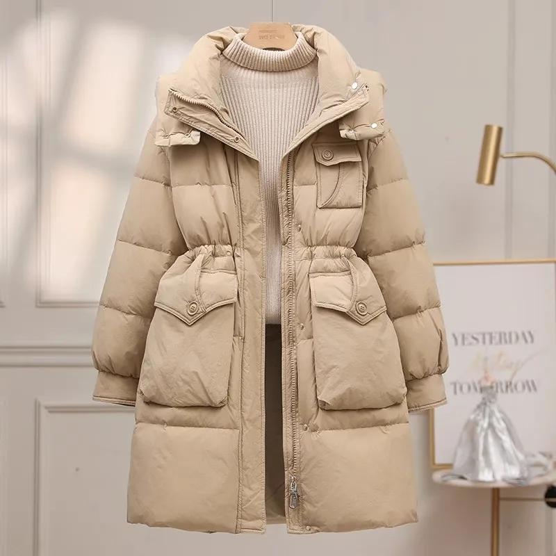 Biała gęsia kurtka puchowa damska średniej długości 2025 nowa zimowa zagęścić wąska modna kurtka z kapturem kobiece ciepłe parki płaszcz