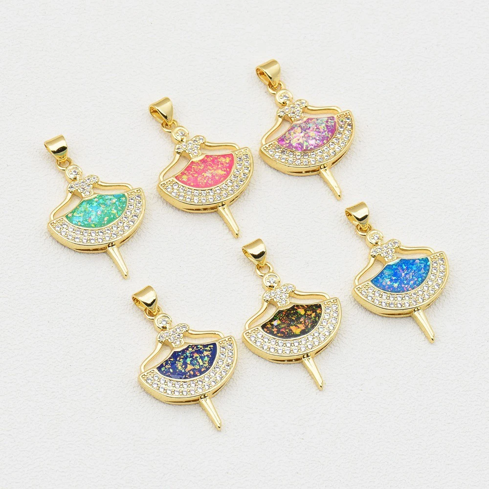 1 Piece Opal Copper Plated Gold Ballet Girl Pendant for DIY Necklace Charm Making Micro Inlay Zircon Accessories Women Jewelry