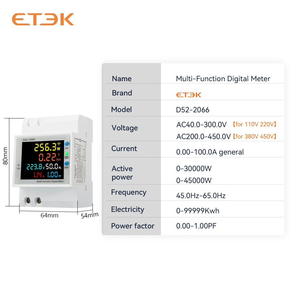 Монитор переменного тока ETEK 6in1Din, 110 В, 220 В, 380 А