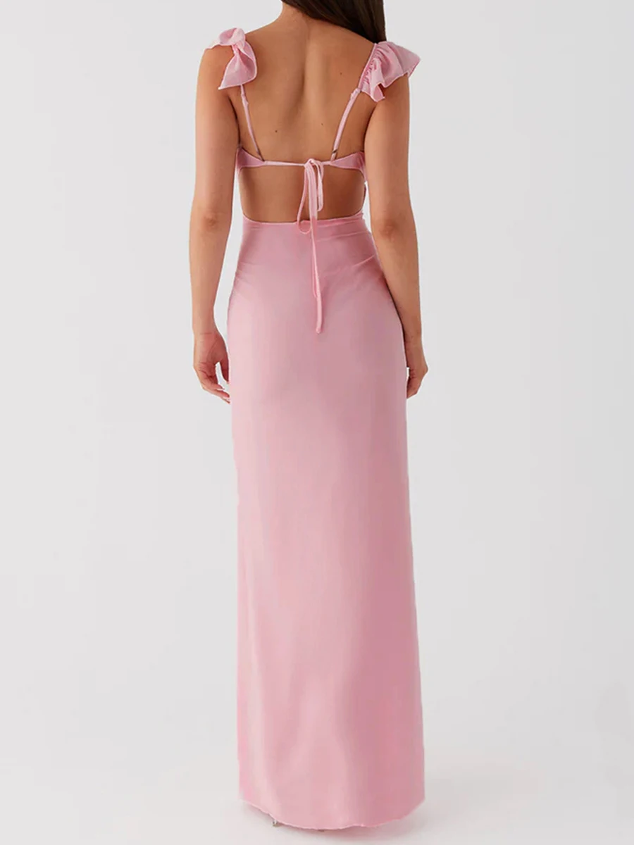 Women Ruffle Trim Cami Dress Slim Solid Color Deep V-Neck Open Back Tie Long Evening Dress for Party Club