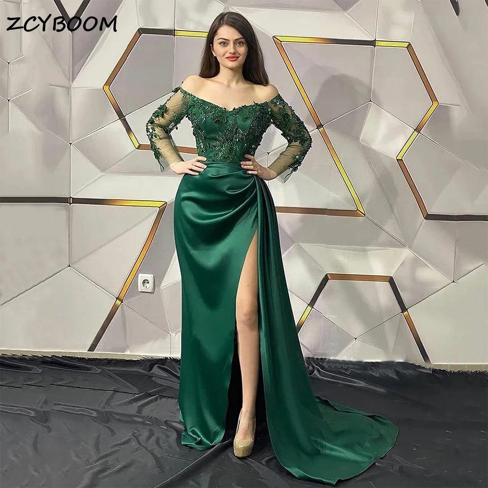 

Emerald Green Lace Appliques Formal Evening Dresses 2024 Dubai Arabian Off Shoulder Long Sleeves Side Slit Women Party Prom Gown