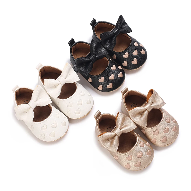 

Cute Baby PU Leather Baby Boy Girl Baby Moccasins Moccs Shoes Bow heart-shaped Rubber Soft Soled Non-slip Footwear Crib Shoes