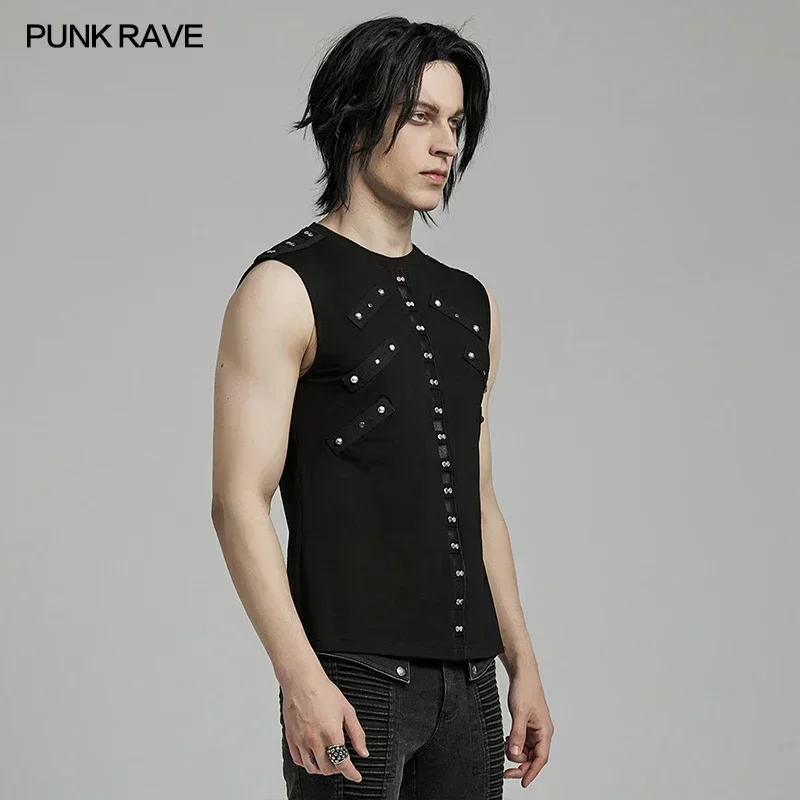 PUNK RAVE Men's Punk Daily Front Mesh Bottom Decorated Tank Personality Handsome Cool Black Streetwear Sleeveless Top Men Summer