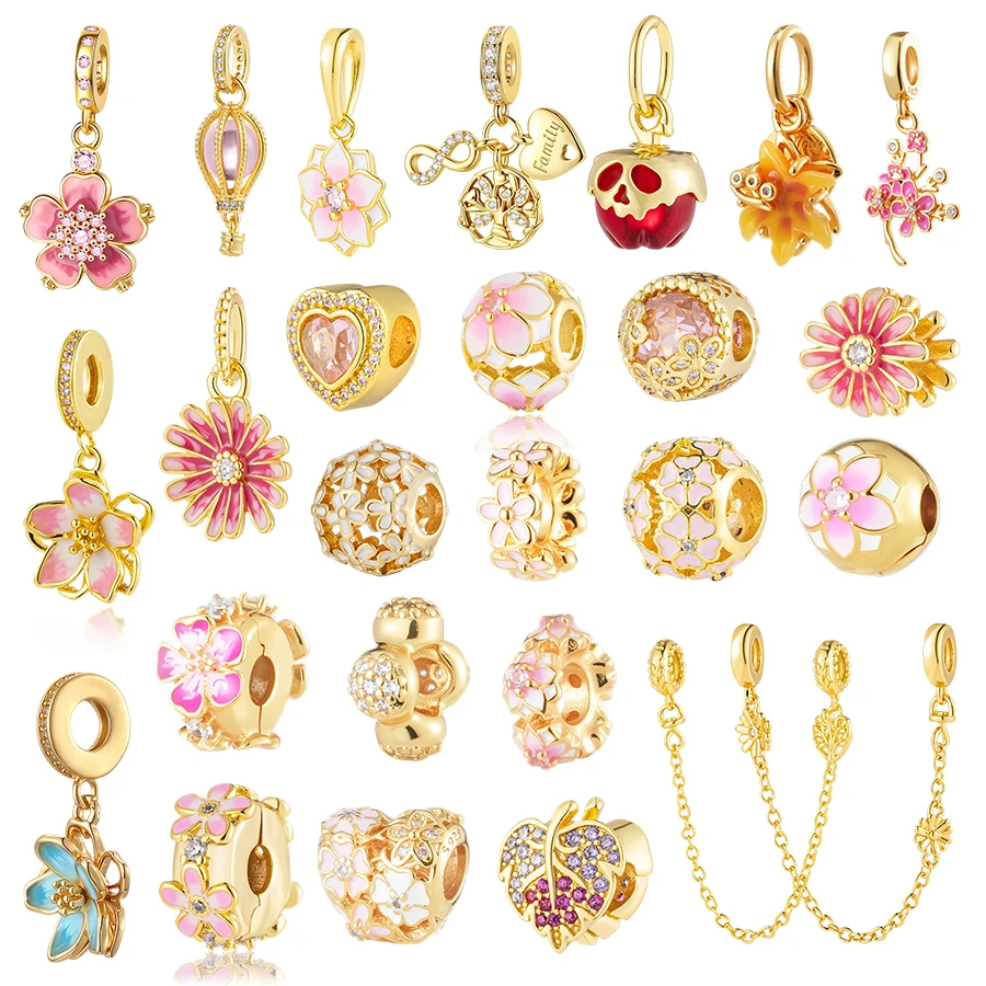 

NEW Gold Plated Flower & Heart Charms for Bracelet DIY Jewelry Making Daisy Cherry Blossom Pendant Beads for Women Romantic Gift