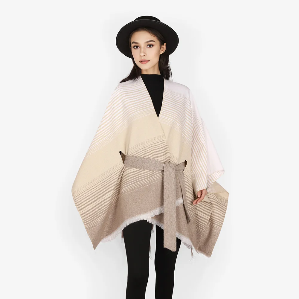 

Весенне-осенняя новая минималистичная шаль с женской утолщенной шалью и высококачественной накидкой на талии, полосатая шаль, двусторонняя P2