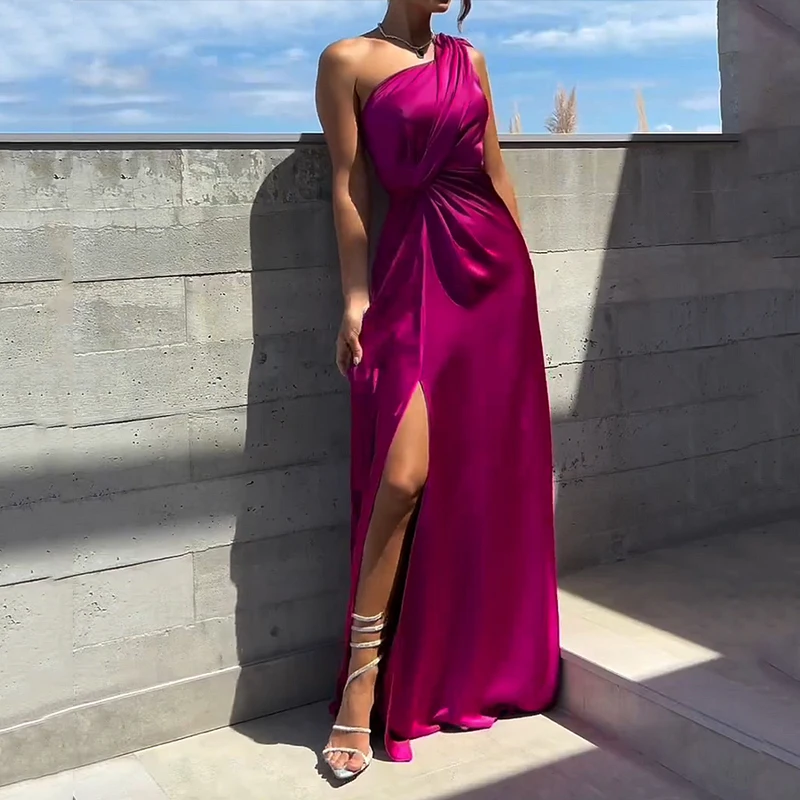 Ellafads Maxi Dress Women Summer Elegant Solid One Shoulder Hollow Out Nipped Waist Pleated Slit Irregular Long Dress Streetwear