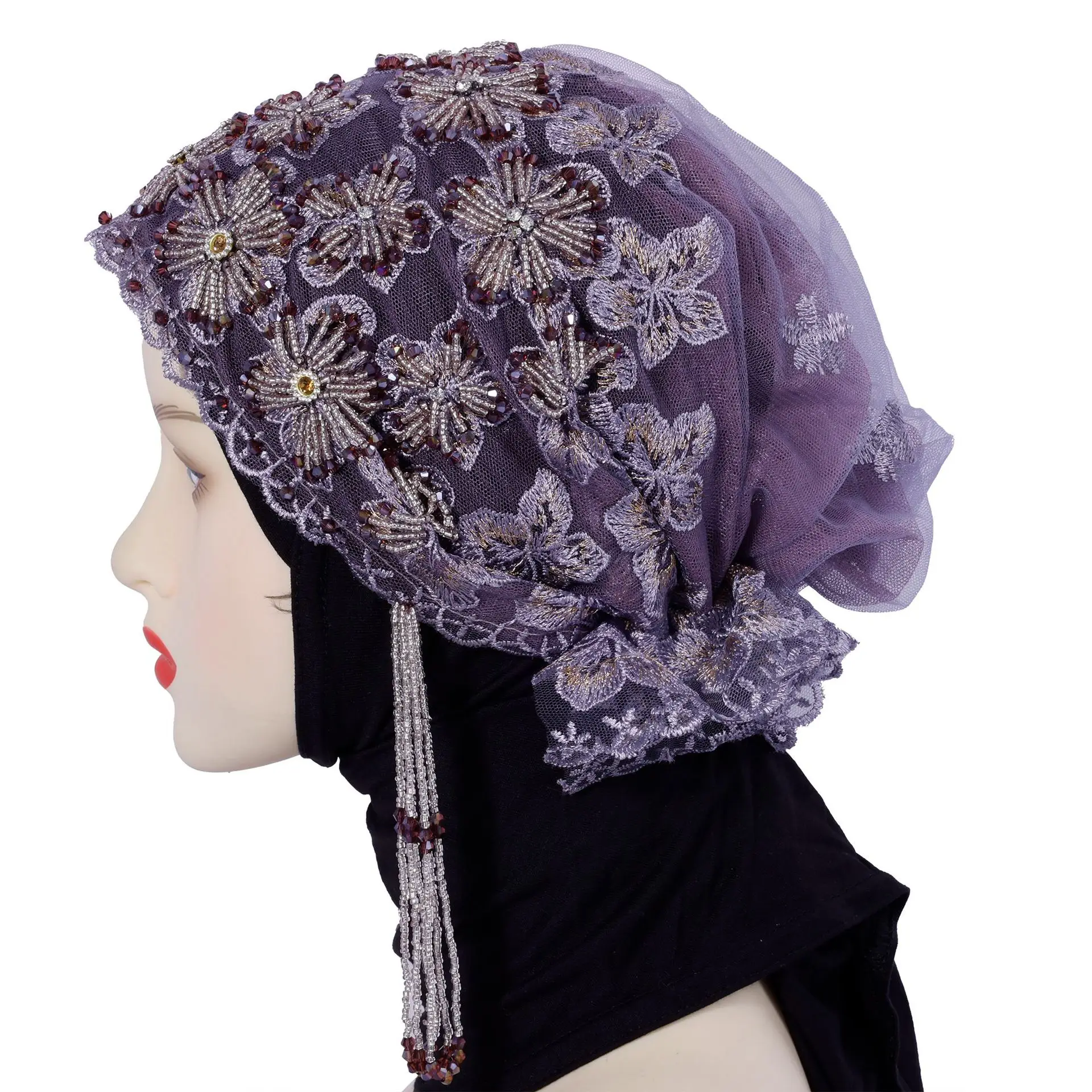 Nowa etniczna chusta na głowę z frędzlami, haftowana turban z koralikami, luksusowa czapka z frędzlami, damski muzułmański hidżab, koronkowa ozdoba na głowę na wesele, czapki typu beanie.