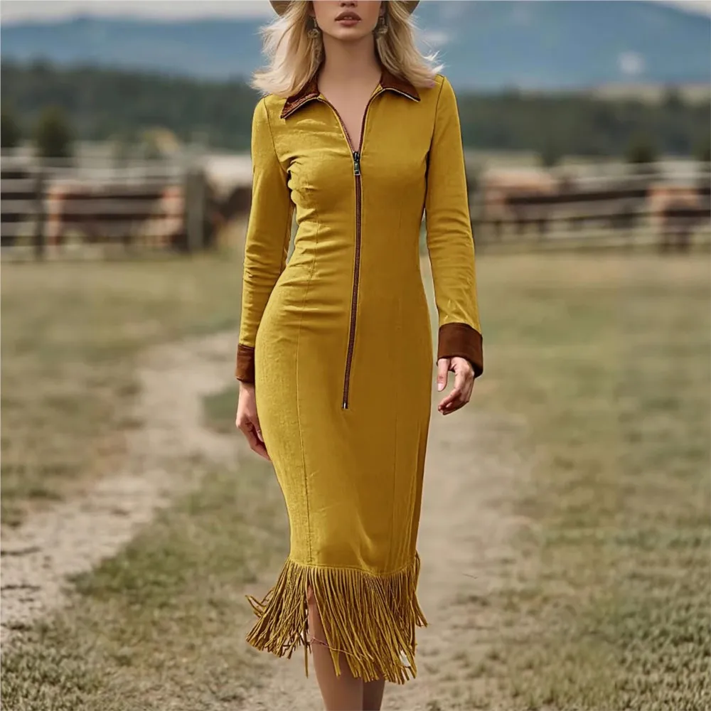 

Western Denim Tassel Fashionable Summer Women's New Suede Zipper Slim Long Sleeve Lapel Long Dress Платье Женское Ropa Mujer