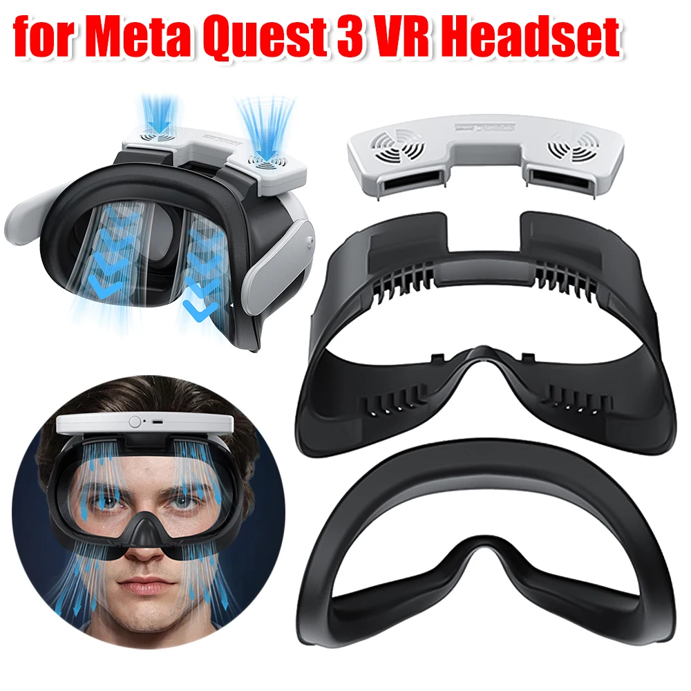 Facial Ventilation Fan Air Circulation Breathable VR Cooling Fan 3 Speeds with PU Face Cushion Pad for Meta Quest 3 VR Headset