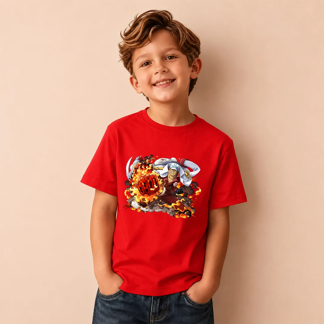 Kids T‑Shirt One Piece Akainu Lava Skill Battle Print Short Sleeve Casual Tops Boys Girls Children Daily Wear Tees
