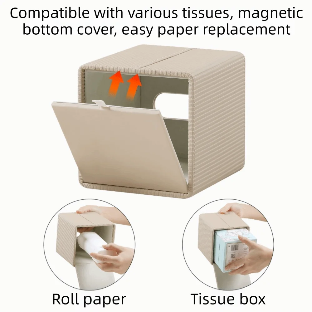 PU Leather Square Tissue Box Roman Column Stripe Magnetic Closure Tissue Dispenser Widened Opening Short Pile Lining