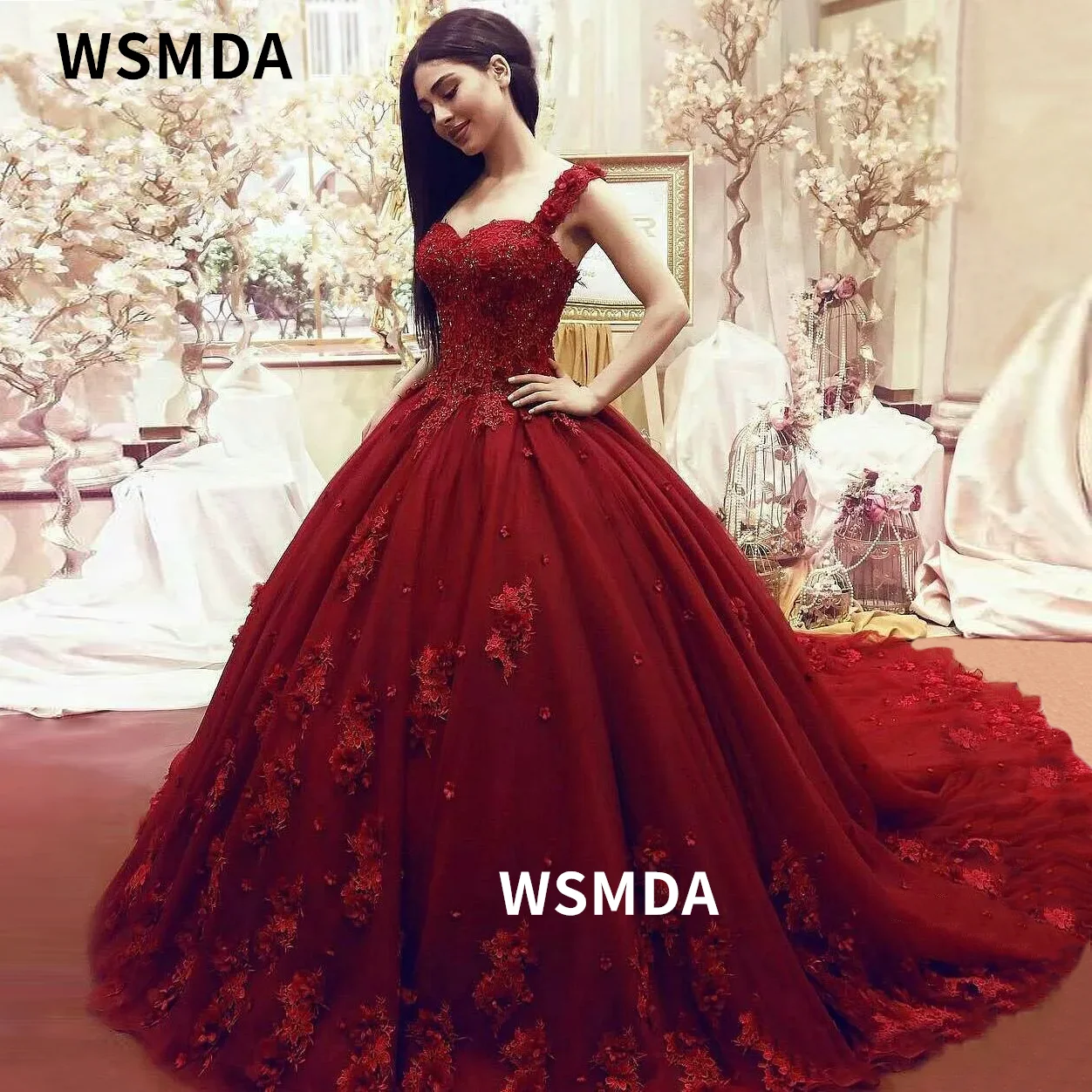 

Flowers Appliques Burgundy Prom Dress Ball Gown Sweetheart Neckline Corset Back Court Train Beauty Pageant Dress