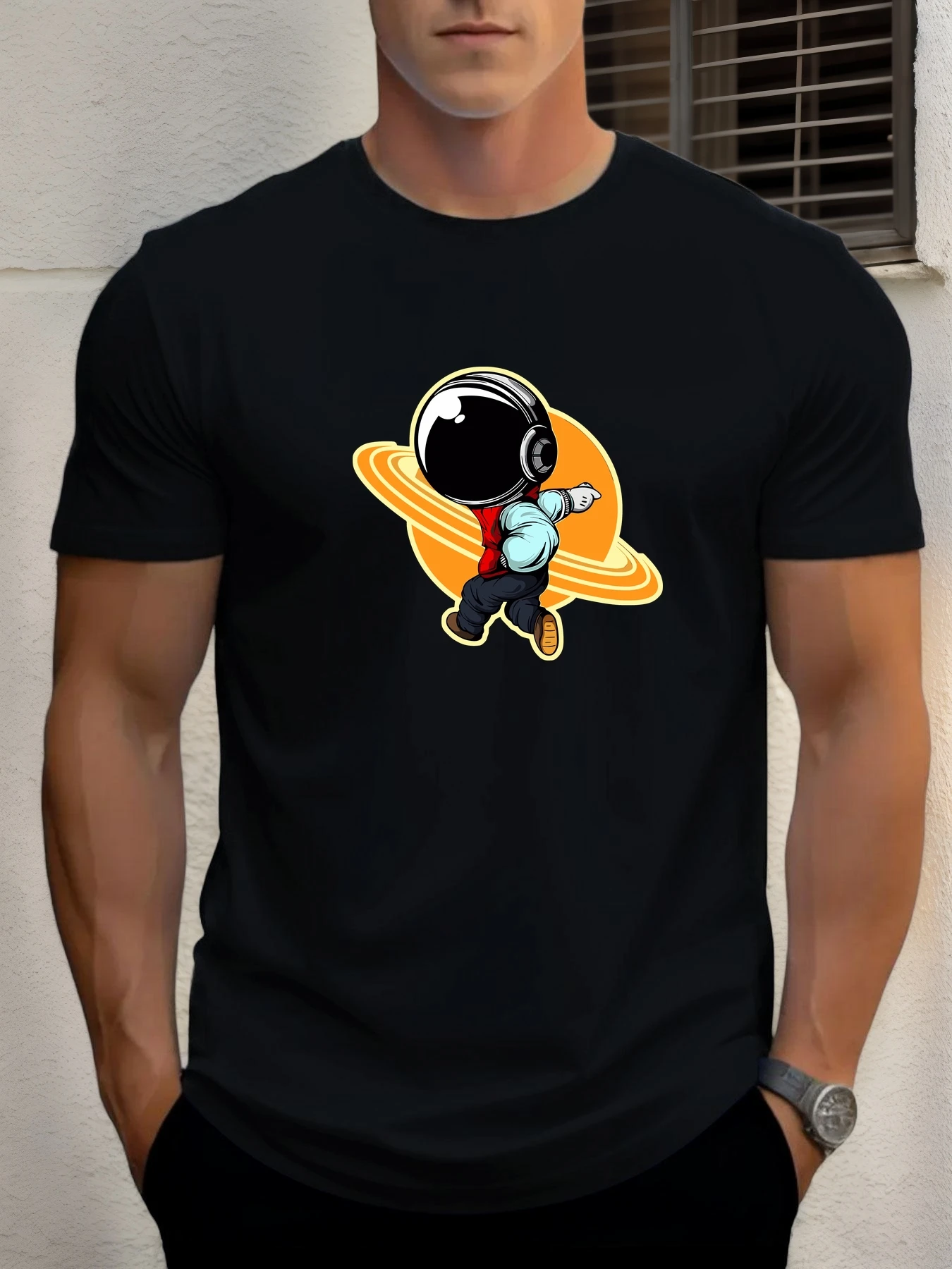 

2025 Summer Men's Cotton T Shirt Astronaut Trendy Print Round Neck T-Shirt Casual Breathable Street Style Daily Top