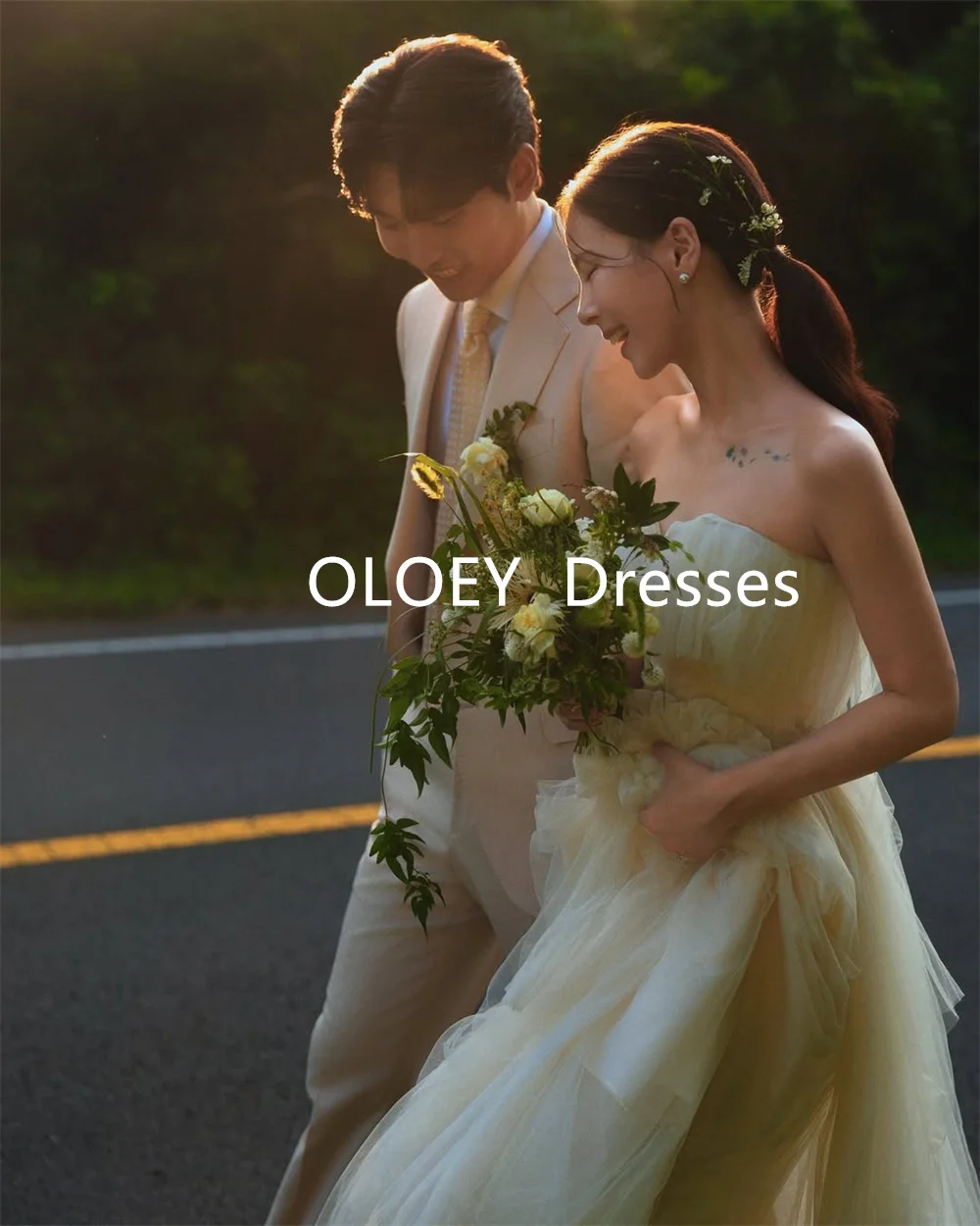 Oloey simples luz verde vestidos de casamento coreia photoshoot até o chão uma linha vestidos de noiva coloridos espartilho babados personalizado